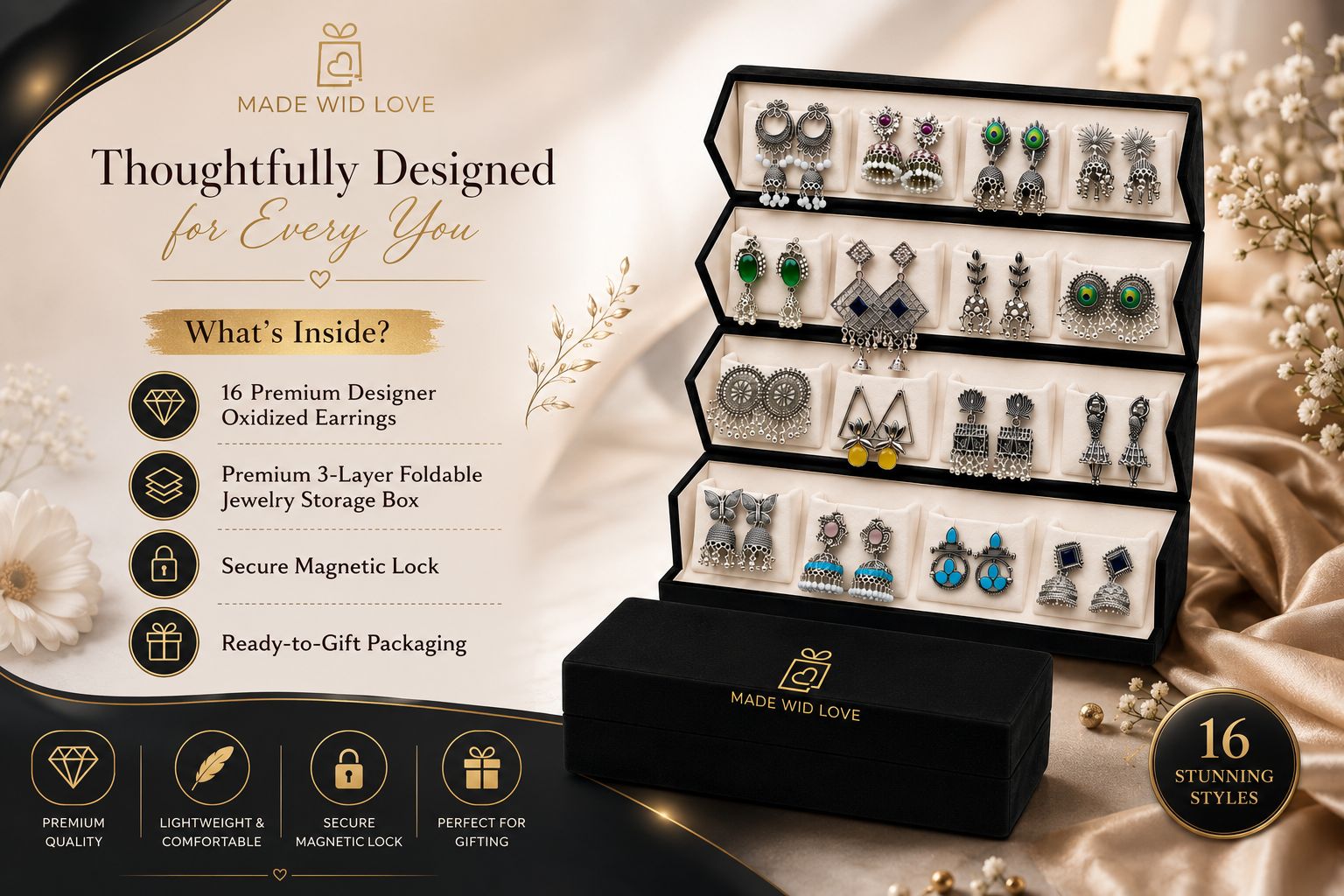 16 Pair Premium Oxidized Jhumka Collection with Luxury Foldable Jewellery Box