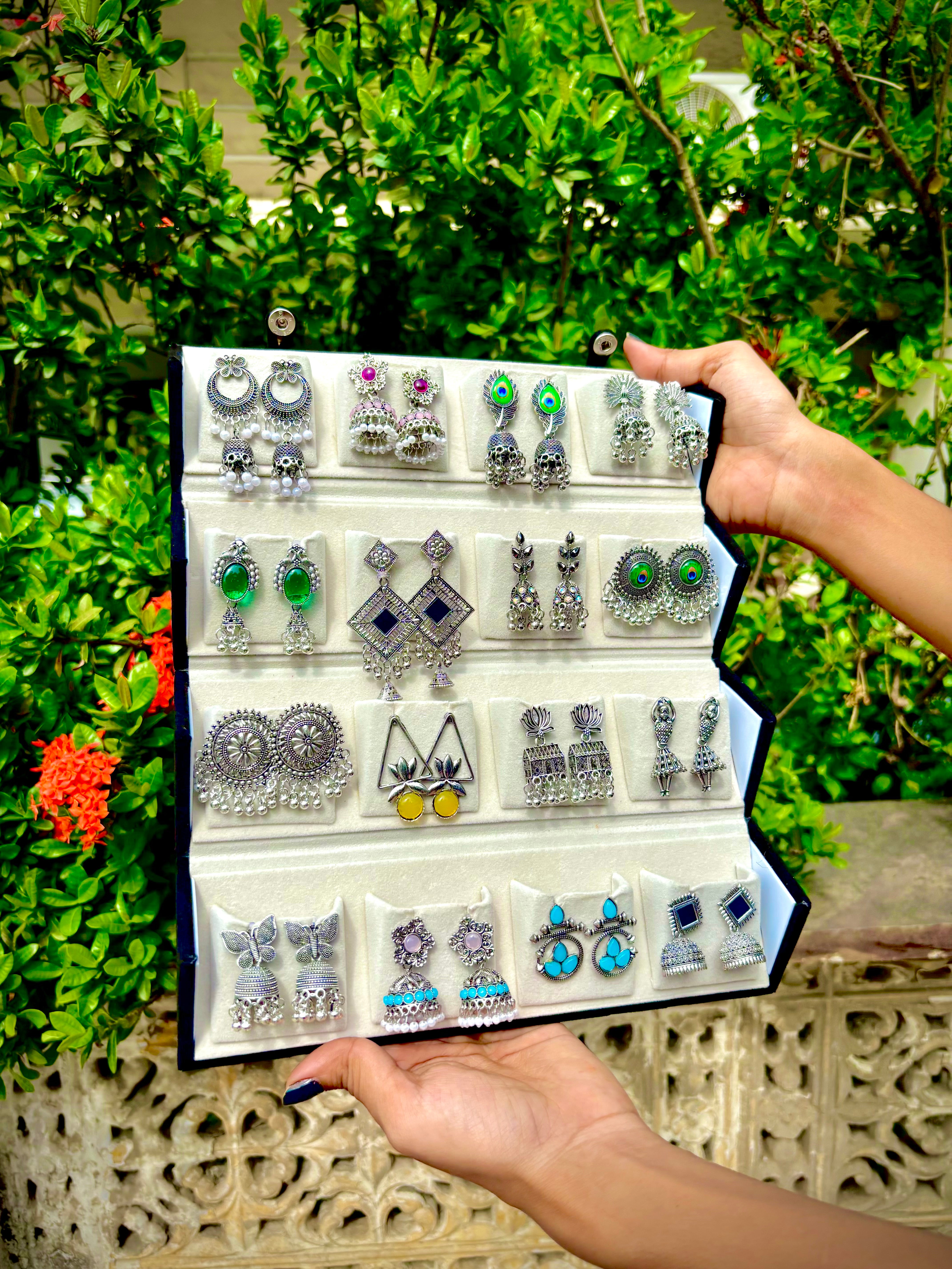 16 Pair Premium Oxidized Jhumka Collection with Luxury Foldable Jewellery Box