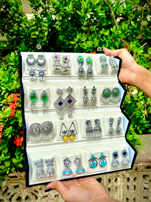 16 Pair Premium Oxidized Earrings Set with Foldable Jewellery Box