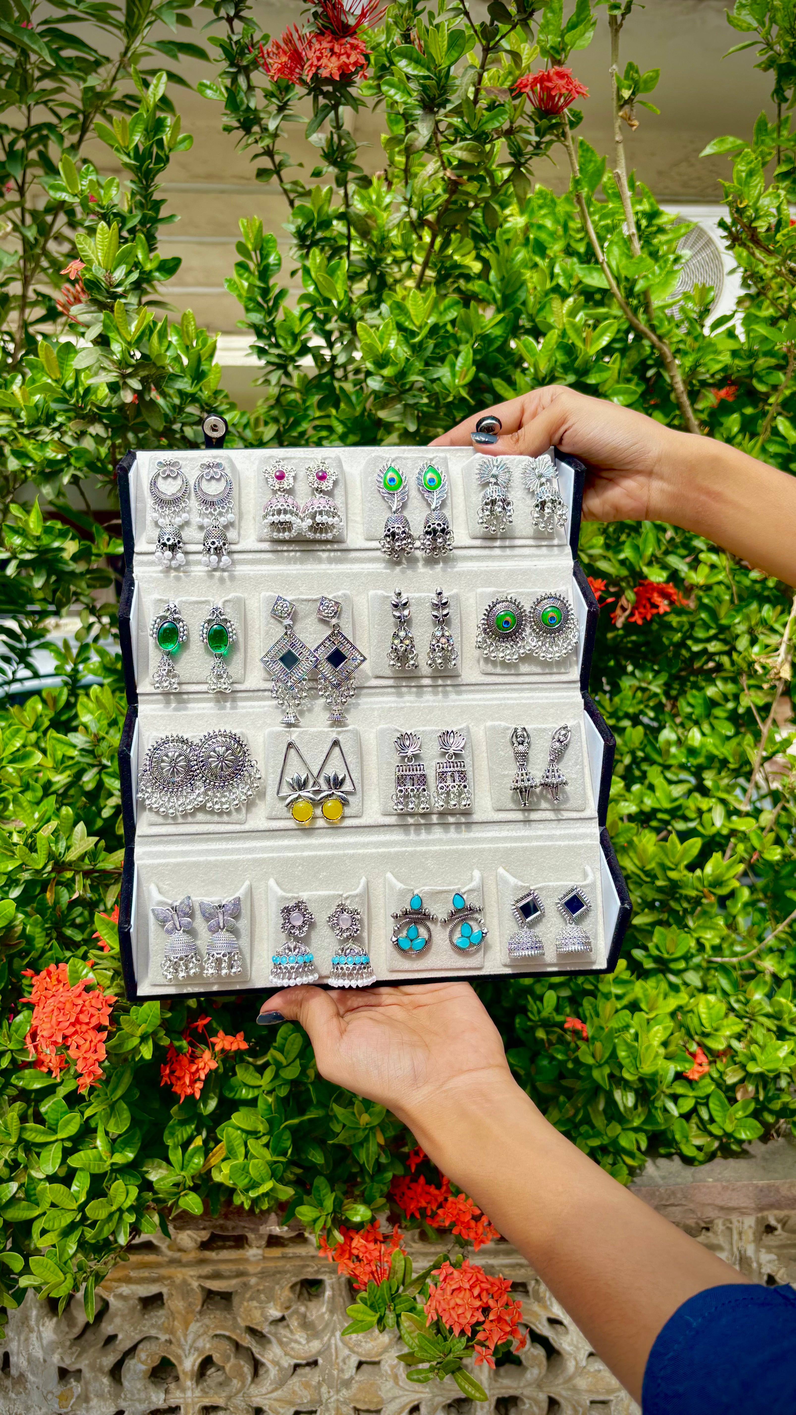 16 Pair Premium Oxidized Jhumka Collection with Luxury Foldable Jewellery Box