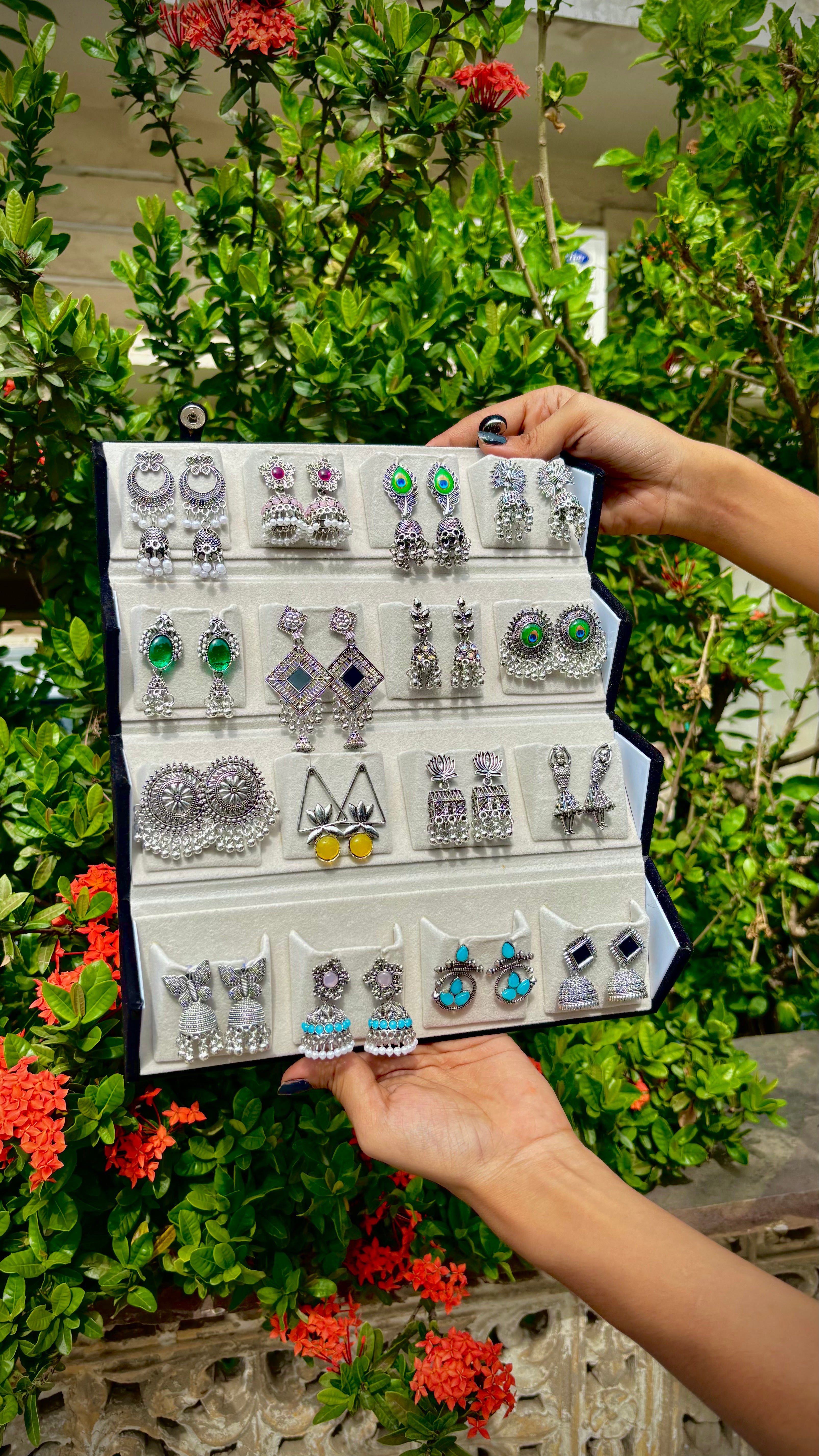 16 Pair Premium Oxidized Earrings Set with Foldable Jewellery Box
